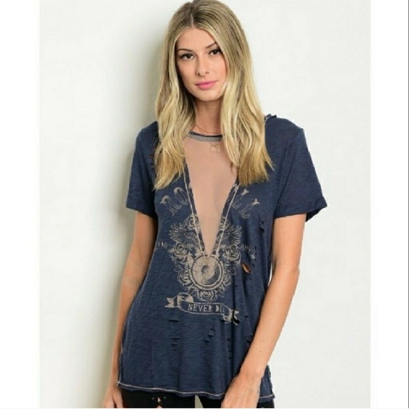 Sugar Punch Couture Tops - Distressed Plunge Mesh Neck Choker Tee